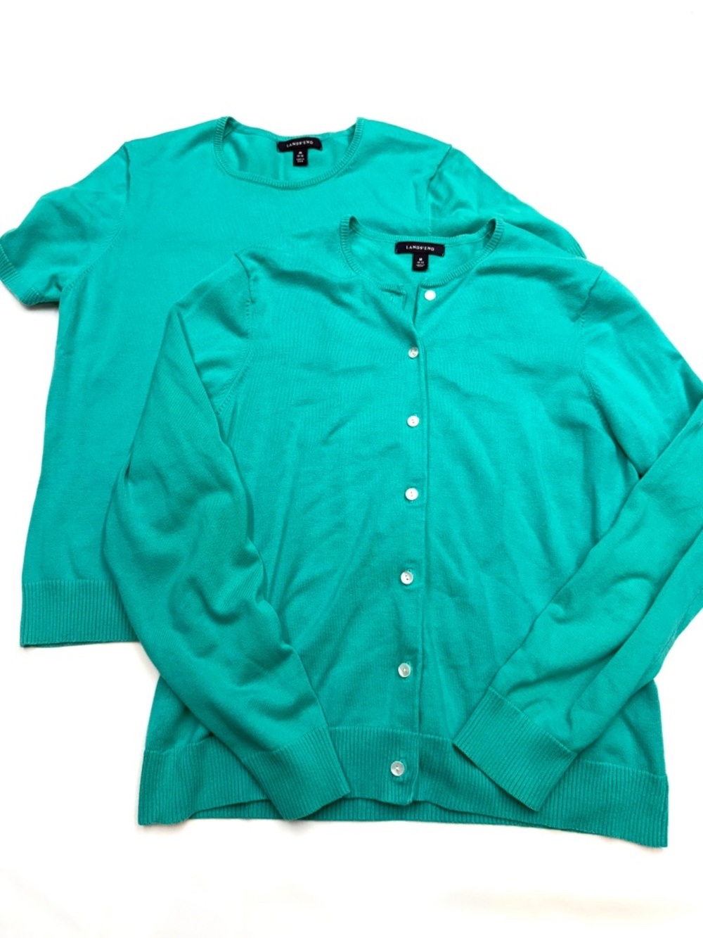 LANDS END Womens Medium 10-12 Green 2pc Cardigan + Short Sleeve Sweater Set YY19